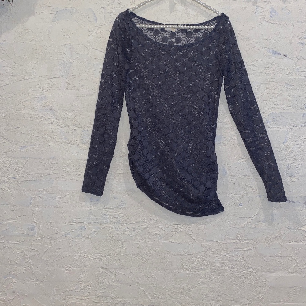 Anthropologie Meadow Rue Grey Lace Mesh Blouse Ruched Sides Long Sleeves Sz S